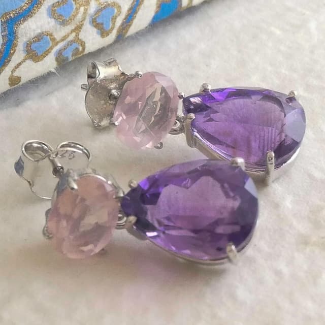 Detalle de Rose Quartz and Amethyst Sterling Silver Drop Earrings (Handmade 925 Silver) – Natural Gemstone Statement Drops