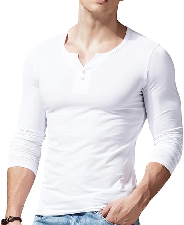 Detalle de T-shirt Henley manches courtes en coton extensible à col V avec boutonnage – pour homme, Muscle Slim Fit