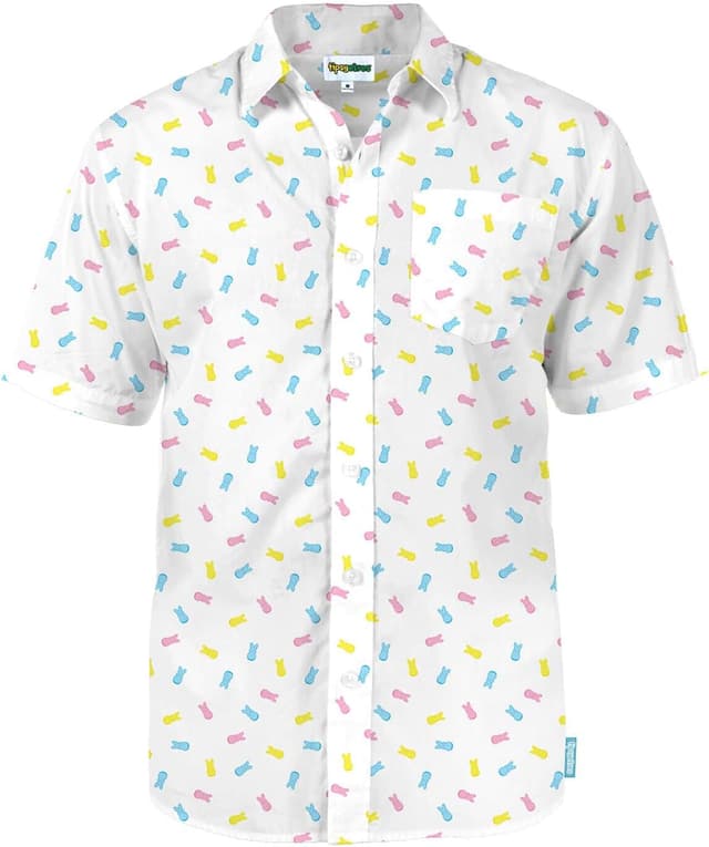 Detalle de Tipsy Elves Men’s Easter Hawaiian Shirt (Peeps®) — Short Sleeve Button-Down Pastel Vacation Style