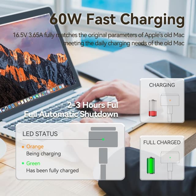 Detalle 2 de 60W T-Tip Fast Charger Replacement MacBook Pro/MacBook Air Magnetic Charger (T-Tip, 16.5V output) – for model A1502/A1465/A1436/A1435/A1425