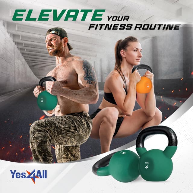 Thumbnail 6 de Yes4All Gusseisen-Kettlebell 2–20 kg mit Neoprenüberzug (bunt) – Swing-Dumbbell, single