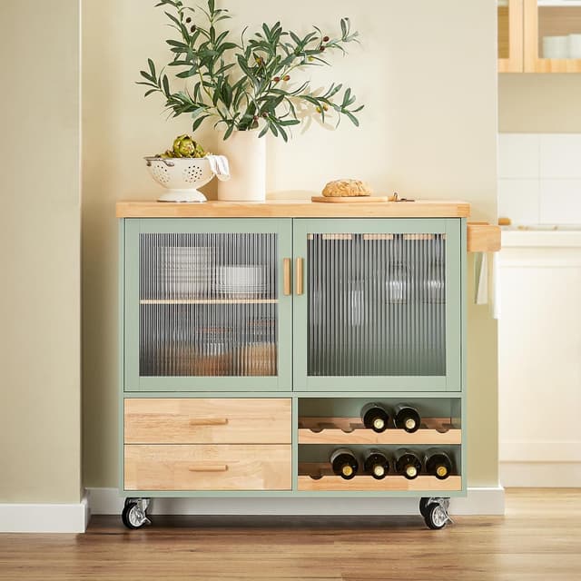 Detalle de SoBuy FKW114-GR desserte de cuisine sur roulettes avec plan de travail en bois, rangement vert et naturel
