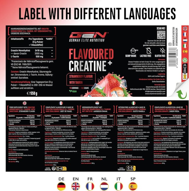 Thumbnail 6 de German Elite Nutrition Flavoured Creatine Pulver (Strawberry) – Creatin-Monohydrat mit L-Taurin, 550 g