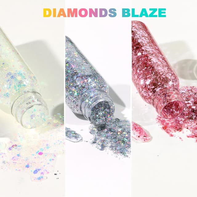 Detalle 2 de URAQT Körper-Glitzer-Gel mit holografischen Meerjungfrau-Pailletten (klobig) – Festival-Party-Glitzer für Gesicht, Augen, Haare, Nägel & Make-up