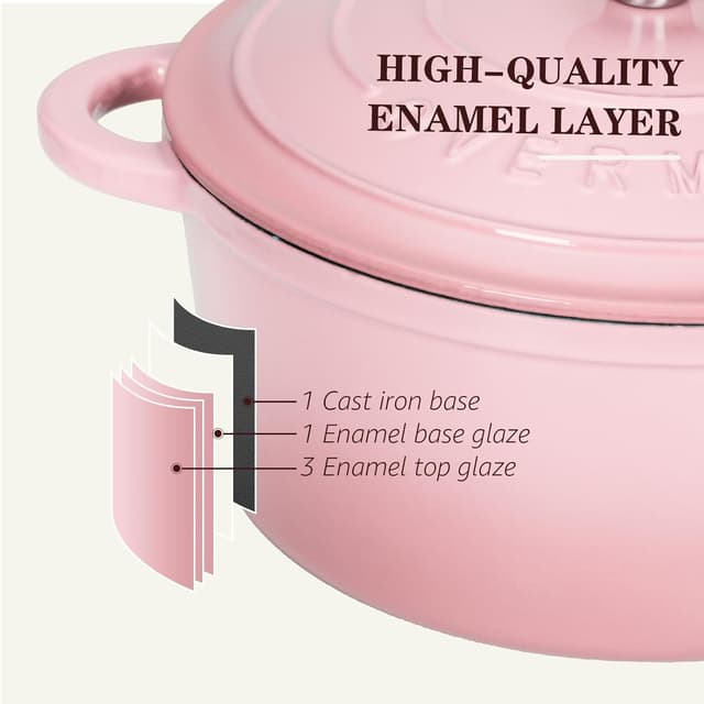 Detalle 2 de Overmont 26cm/5.2L Enamelled Cast Iron Round Casserole Pot with Lid (Pink) — Lid, Cookbook & Cotton Potholders