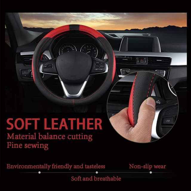Detalle 2 de Pahajim Soft Leather Universal Steering Wheel Cover (black-red) for 37–38cm wheels