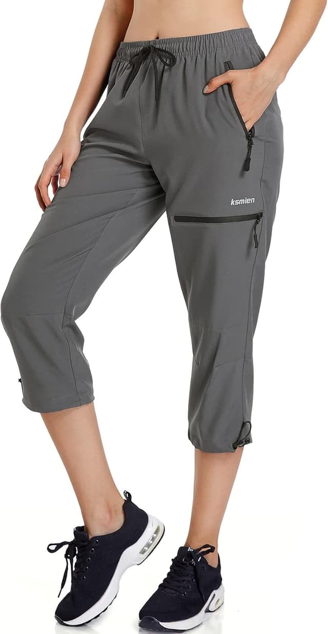 Detalle de Ksmien Women's Lightweight Hiking Capri Pants with Quick-Dry, Water-Resistant Fabric, UPF 50+ and Zipped Pockets