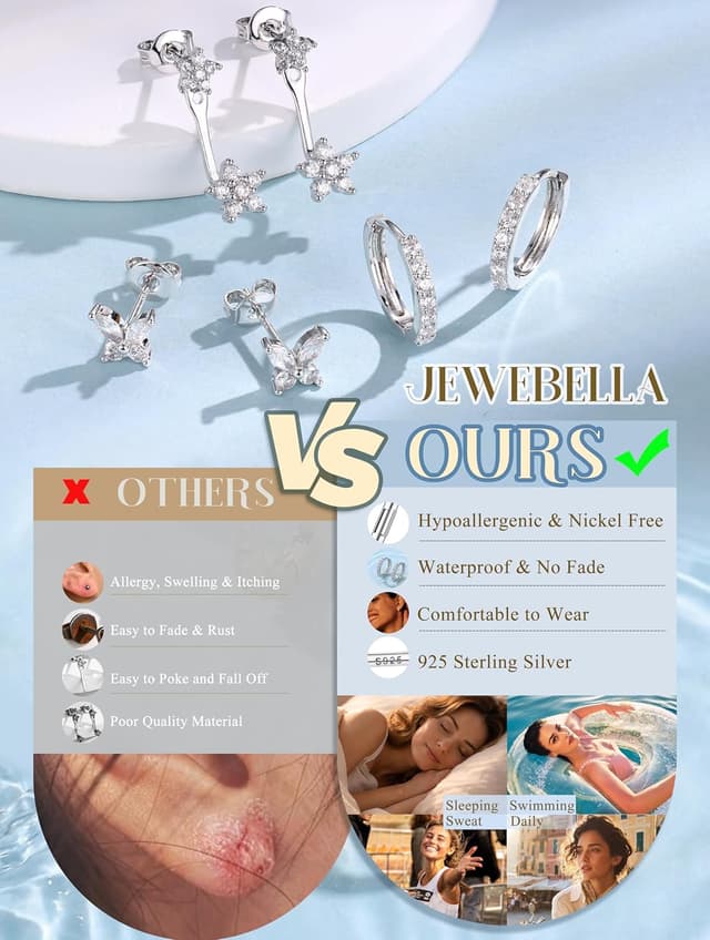 Detalle 1 de JeweBella 3 Paar Ohrringe aus Sterlingsilber 925 Set: kleine Ohrstecker & Creolen mit Zirkonia