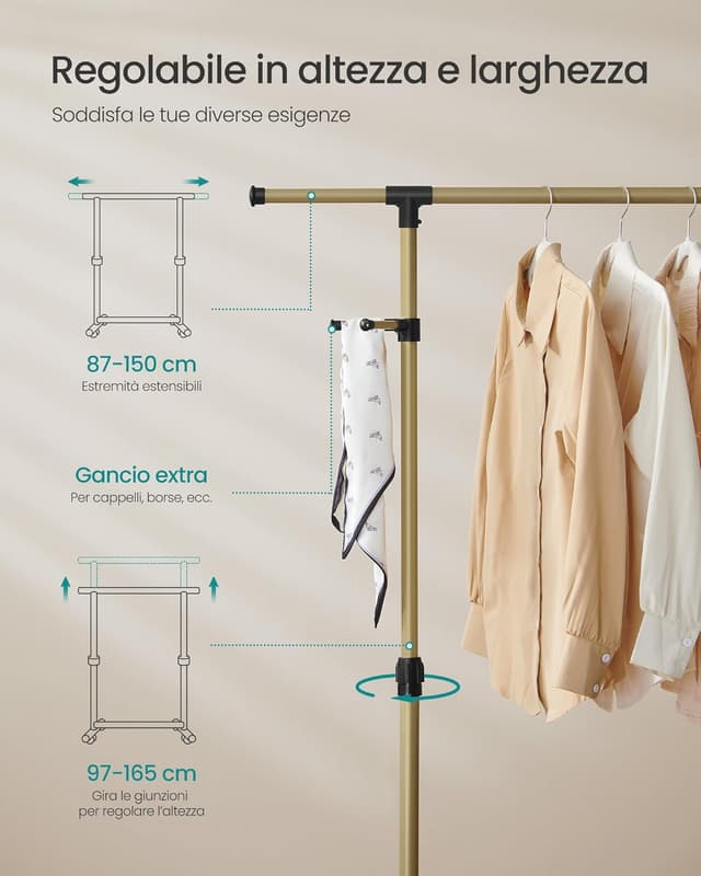 Detalle de SONGMICS LLR001A01 attaccapanni con altezza 97-165 cm