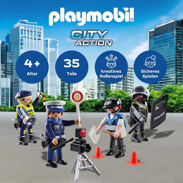 Detalle de PLAYMOBIL Figurenset Polizei – Rollen-Spiel mit 4 Figuren für Abenteuer im Polizeialltag ab 4 Jahren