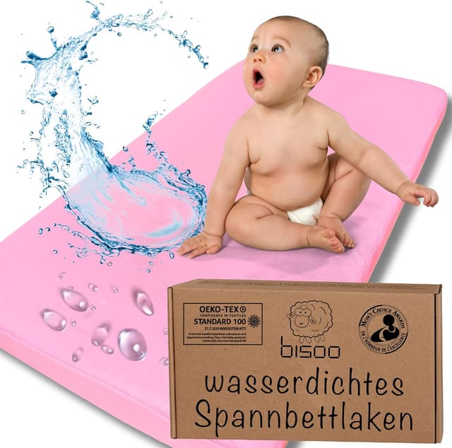 Detalle de Bisoo Spannbettlaken 50x95 / 50x100 (wasserdicht & atmungsaktiv) – Jersey Bettlaken für Babybett, Rosa