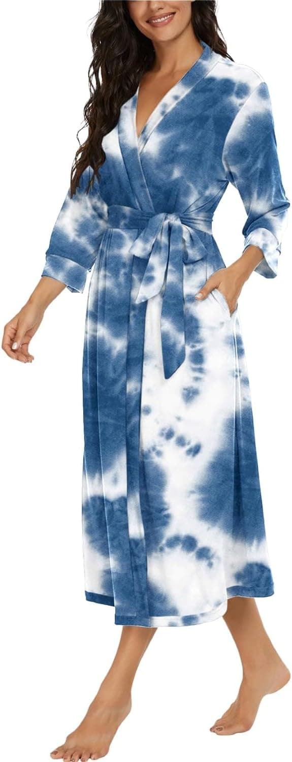 Detalle 2 de PrinStory Damen-Bademantel mit 3/4-Ärmeln, V-Ausschnitt & Kimono-Robe (leicht, 95% Viskose/5% Elasthan)