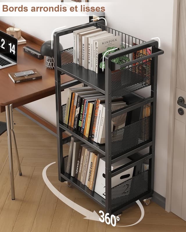 Thumbnail 6 de Chariot livre bibliothèque à roulettes 70 kg avec 3 étagères mobiles et serre-livres magnétiques (noir)