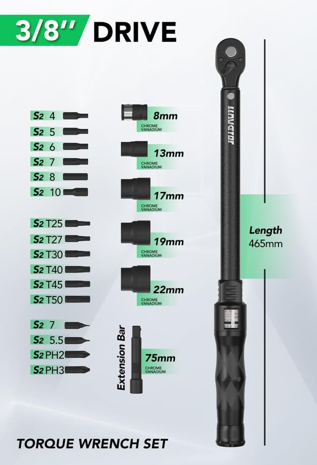 Detalle 2 de LLAVETOR 23TLG Drehmomentschlüssel Motorrad (3/8 Zoll) 20–110 Nm, ±3% mit 72-Zahn-Umschaltung