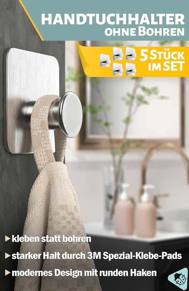 Detalle 2 de Menz Handtuchhalter ohne Bohren – 5er Set selbstklebende Edelstahl-Handtuchhaken mit 3M-Klebe-Pads