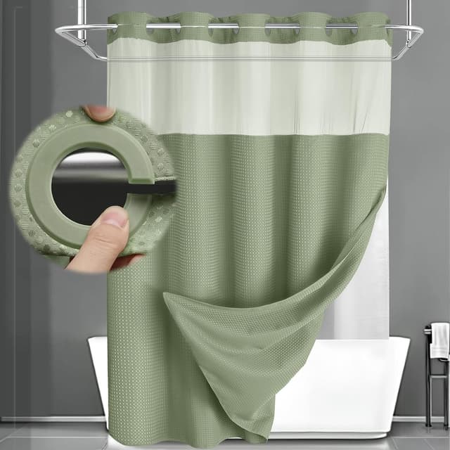 Thumbnail 6 de XOGUIBO No Hook Shower Curtain and Liner Set (Black Waffle, 75" x 72")