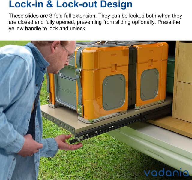 Detalle de VADANIA 1100mm Ultra Heavy Duty Drawer Runners with Lock (Black) #D76 – Full Extension Side Mount, 130–220kg