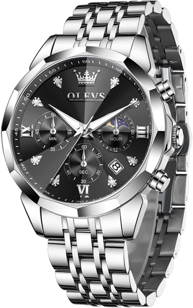 Detalle de OLEVS Herren Uhr Quarz „Luxus Business“ mit Chronograph, Mondphase, Datum und Edelstahlarmband