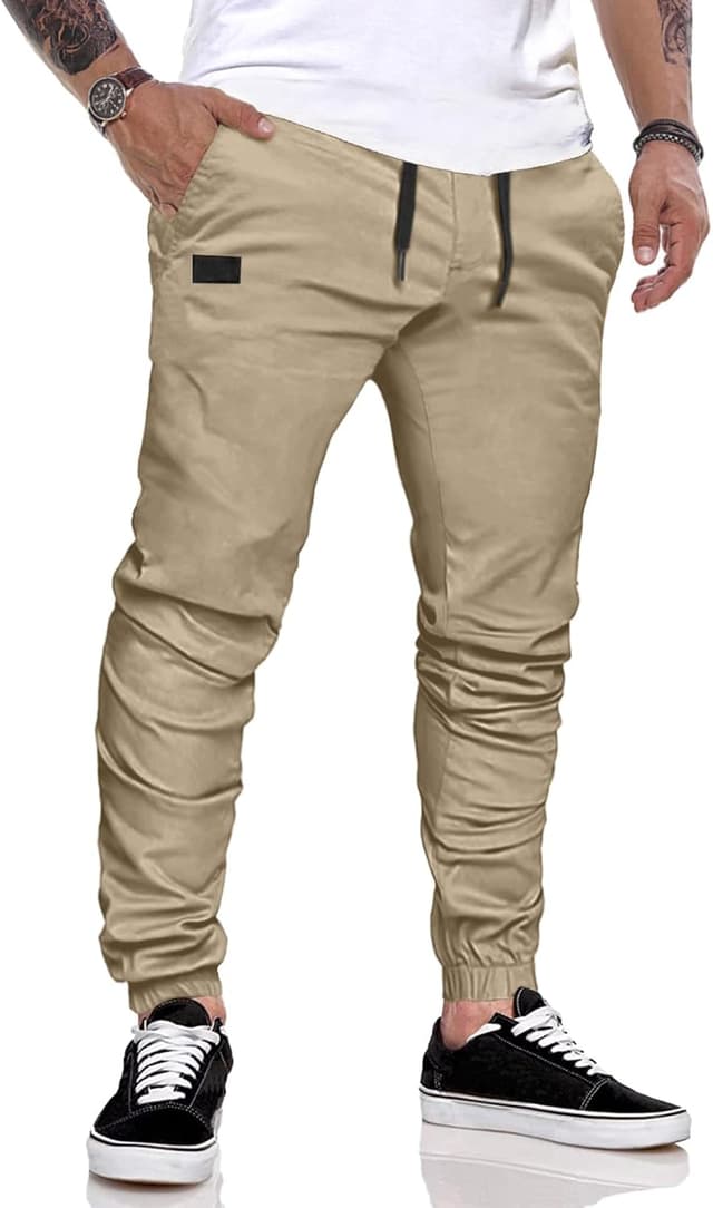 Detalle 2 de JMIERR Herren Chino Cargo Jogginghose aus Baumwolle mit elastischem Bund und Kordelzug