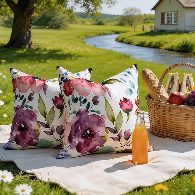 Detalle de KWLET waterproof outdoor cushion covers (40x40cm) – floral set of 2 with hidden zipper