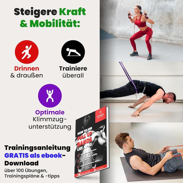Detalle de Fitnessband Pull Up Resistance Band – Klimmzughilfe mit Trainings-E-Book (5 Bänder im Set)