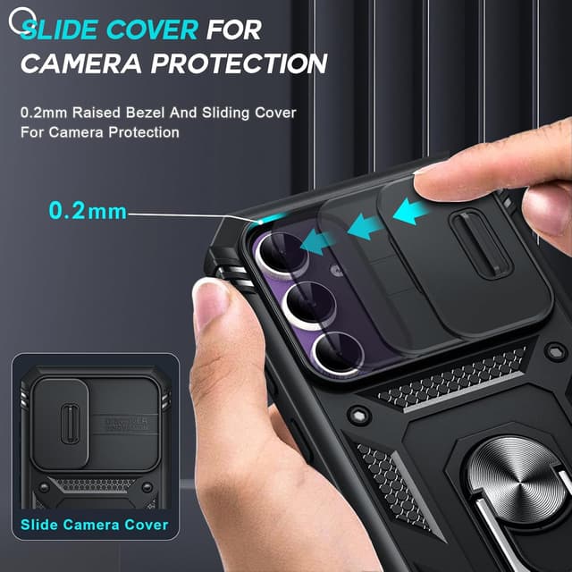 Detalle de LeYi Military-Style Case for Samsung Galaxy S23 FE with Camera Lens Slider + 2-Pack Tempered Glass & Ring Stand (Black)