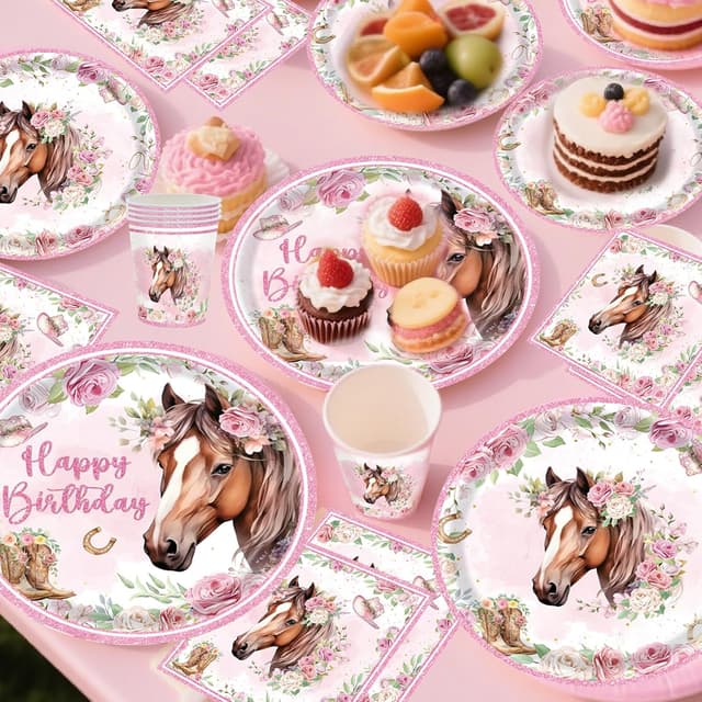 Detalle de Pferd Partygeschirr Set für 10 Gäste – Pferde-Geburtstag Deko mit Papptellern, Tassen & Servietten