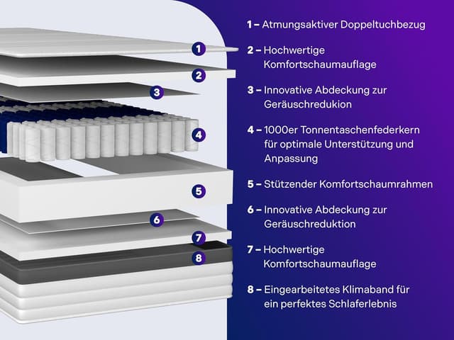 Detalle de Traumnacht Exklusiv 7-Zonen 1.000er Tonnentaschenfederkernmatratze H3 (100 x 200 cm) – Testurteil „Gut“ 10/2023