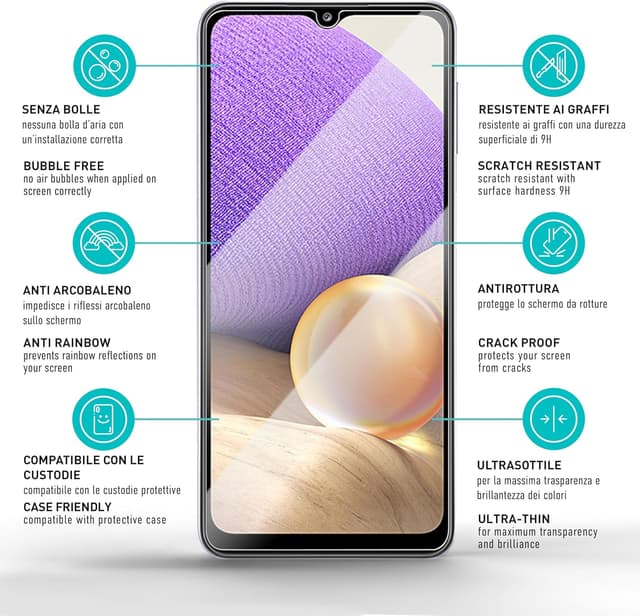 Detalle 2 de smartect Vetro Temperato 3+3 (Clear) per Samsung Galaxy A32 5G: schermo + protezioni fotocamera, 9H e installazione senza bolle