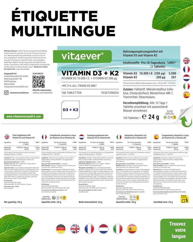 Thumbnail 6 de Vit4ever Vitamine D3 + K2 MK-7-100, 10 000 UI de D3 et 200 µg de K2 (MK-7), 100 comprimés