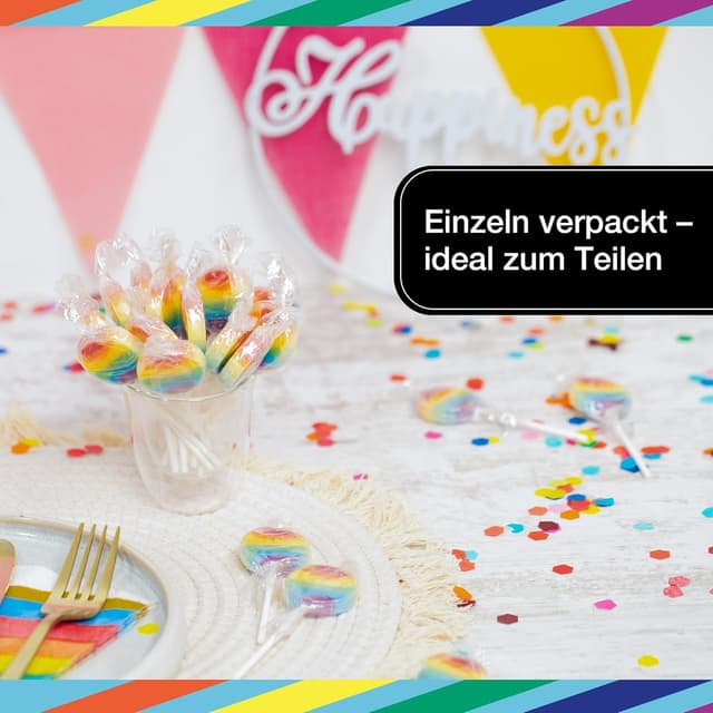Detalle de FOOD crew Regenbogen Lollies, 50er Pack (400 g) – vegan & einzeln verpackt für Kindergeburtstag, Candy Bar & Mitgebsel