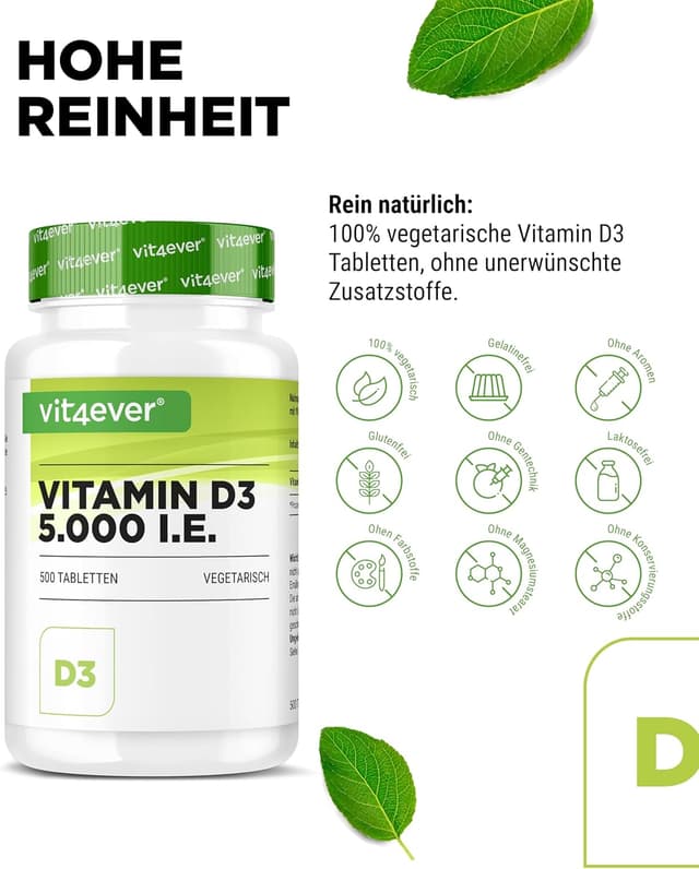 Detalle de Vit4ever Vitamin D3 5000 I.E. Depot – 500 Tabletten (5-Tages-Dosis, vegetarisch)