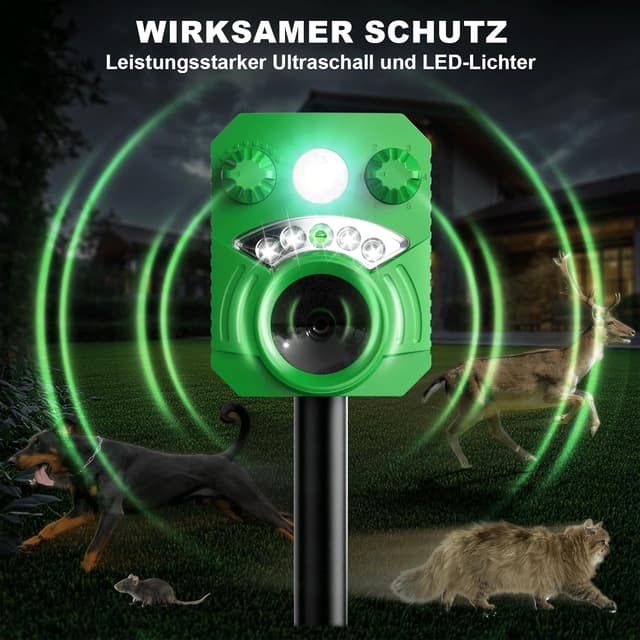 Detalle 2 de Katzenschreck Maulwurf Vertreiber mit Ultraschall & Blitzlicht (5 Modi, wasserdicht IP44) für Garten & Hof