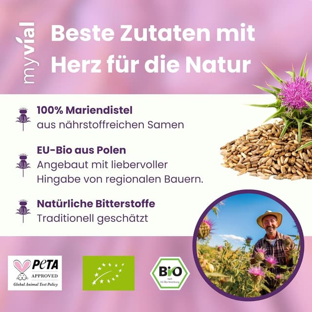 Detalle de Bio Mariendistel Komplex Kapseln – Mariendistel, Artischocke & Löwenzahn (120 vegane Kapseln)