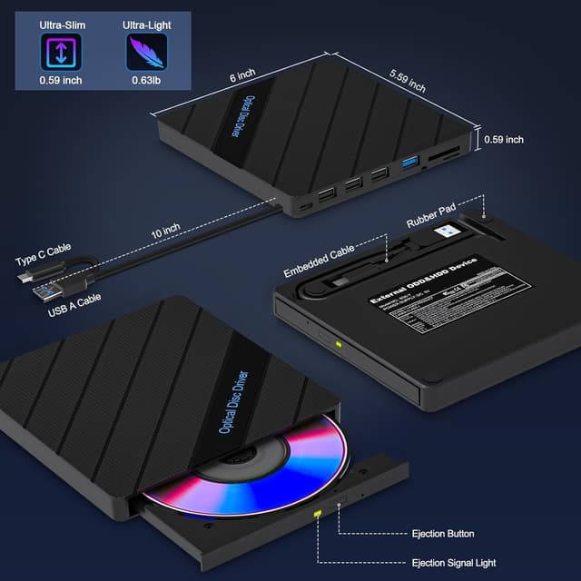 Thumbnail 6 de 8-in-1 External CD/DVD Drive for Laptop (USB 3.0 Type-C) with SD/TF Slots & 4 USB Ports