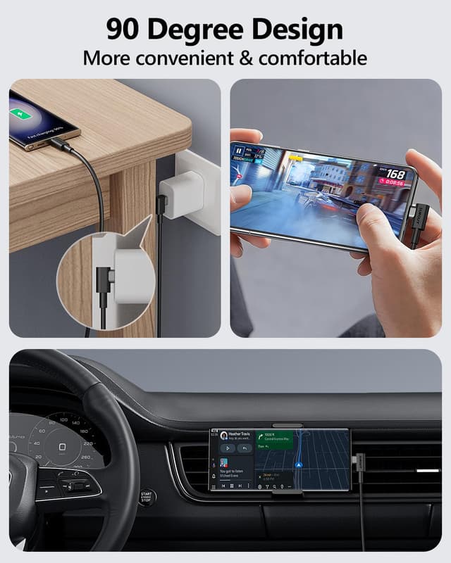 Detalle de SUNGUY Cavo USB-C a USB-C angolare 90° con ricarica rapida PD 60W (0,5 m, 2 pezzi) – Nero