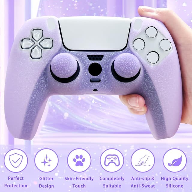 Detalle de HLRAO Purple Glitter anti-slip silicone cover skin for PS5 controller (8 thumb grips + 2 grips caps)