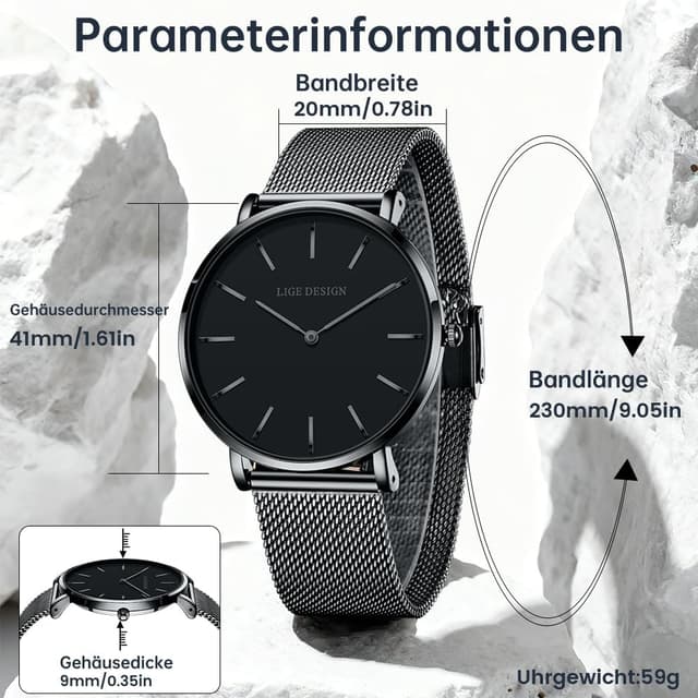 Detalle de LIGE Damen-Armbanduhr Analog Quarz Ultra-Flach (41 mm) mit Edelstahl-Meshband