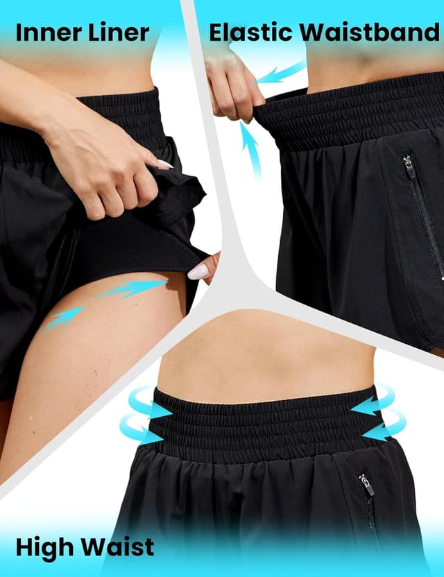 Detalle 2 de GetGigt 3-Pack Women’s Running Shorts with Zipper Pockets, High Waisted Elastic & Liner