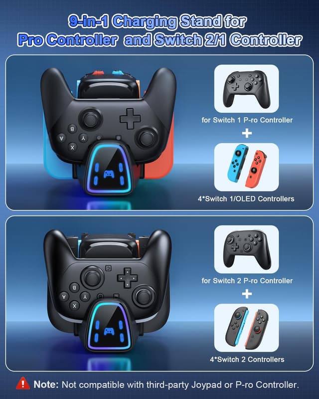 Detalle de 9-in-1 Controller-Ladestation für Nintendo Switch 2/1 & Pro Controller 2/1 (mit RGB) – Station für Joy-Con 1/2