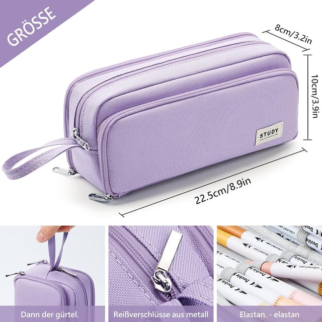 Detalle de KALIDI Federmäppchen mit 3 Fächern, hohe Kapazität – Mäppchen für Schule & Büro