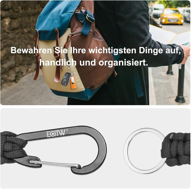 Detalle de EOTW Paracord Schlüsselanhänger mit Karabiner und D-Ring – personalisierbar, für Schlüssel, Auto, Camping & Alltag