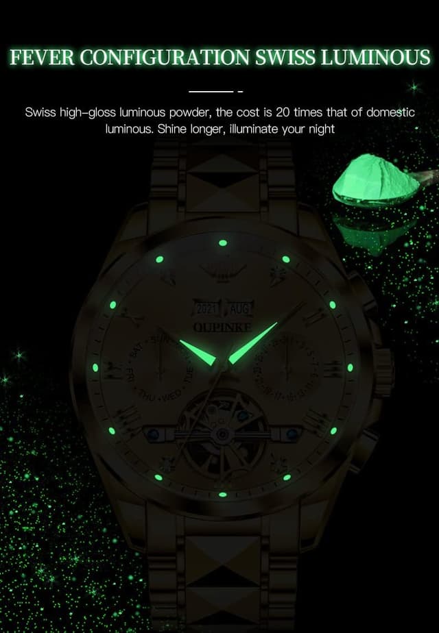 Detalle de OUPINKE Herrenautomatik-Uhr mit Mondphase, Wasserdicht (50 m) und zweifarbigem Edelstahlband