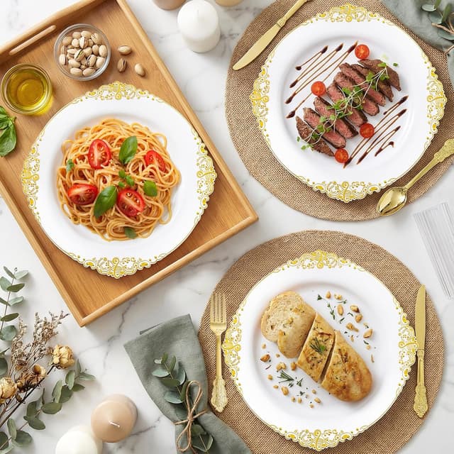 Detalle 2 de Joyido 102PCS White and Gold Heavy-Duty Plastic Plates (51 7.5" Dessert + 51 10.25" Dinner)