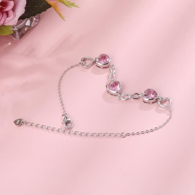 Thumbnail 2 de Qings 3 Herz Geburtsstein Armband für Damen aus Sterlingsilber (Infinity) – verstellbar mit Zirkonia Charm