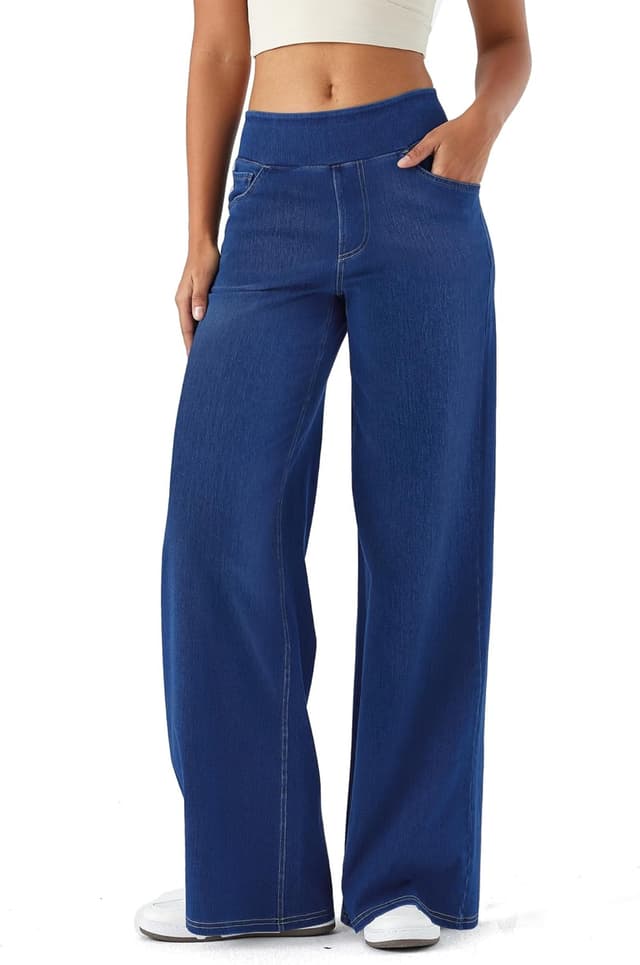 Detalle de ZIRUU Damen Wide-Leg Pull-On Jeans mit Gummibund und Taschen