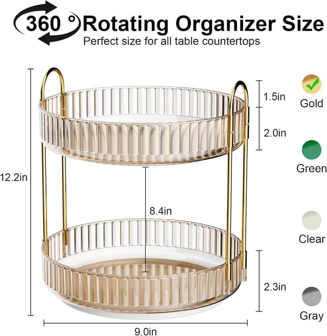 Detalle de MOACC 2-Tier Rotating Makeup & Skincare Organiser with 360° Swivel Base (Gold)