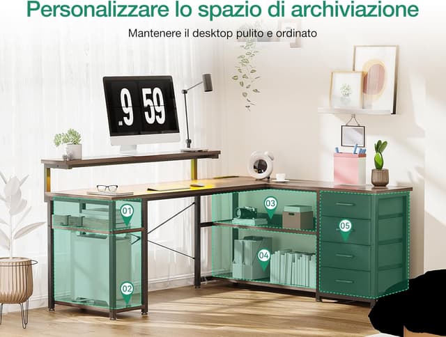 Detalle 2 de ODK Scrivania ad angolo reversibile con 2 prese, 2 porte USB e LED (Quercia Grigia) 155x110 cm