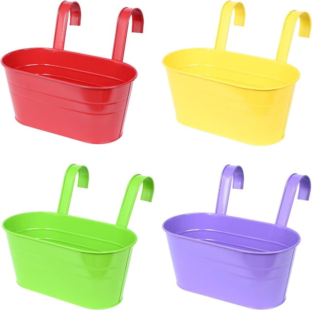 Detalle de Atoke 4-Pack Metal Hanging Flower Pots with Detachable Hooks (27.5cm) for Balcony Railings & Fences