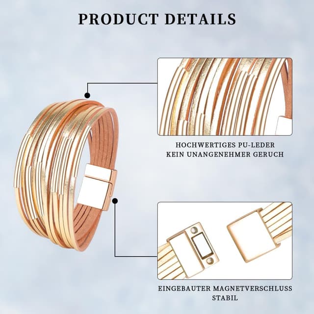 Detalle de VANSZA Wickelarmband im Boho-Stil mit mehrlagiger Lederoptik und Magnetverschluss (ca. 19 cm)